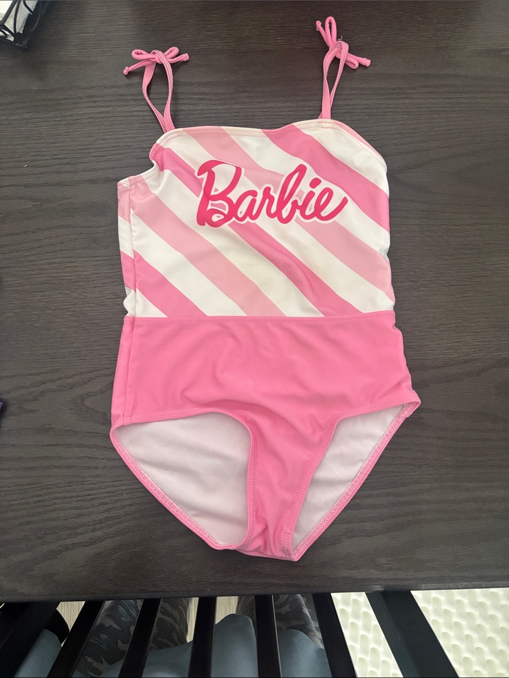 Barbie Pink & White Striped One-Piece Swimsuit with Logo